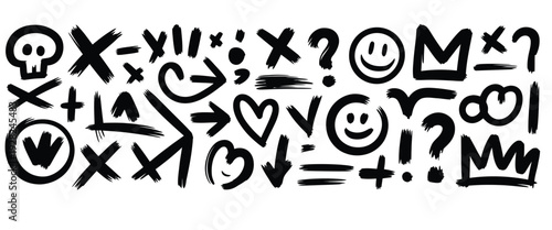 Punk and Graffiti Style Brush Doodle Shapes, Hand Drawn Bold Brush Stars, Arrows, Skulls and Crowns, Street Art Collage Elements, Grunge Rock and Roll Aesthetic Vector Collection
