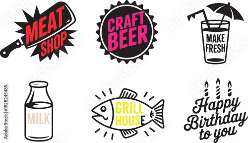 Collection of six modern food and beverage business logos and event icons