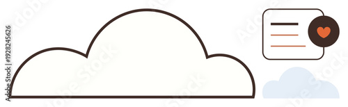 Cloud computing, data storage, digital communication, notifications, online platforms, internet technology. Outlined cloud with a notification bubble and heart icon. Cloud computing and data storage