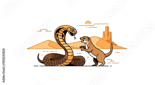 Desert confrontation between snake and coyote in a dramatic desert landscape with rocky formations and warm sunlight