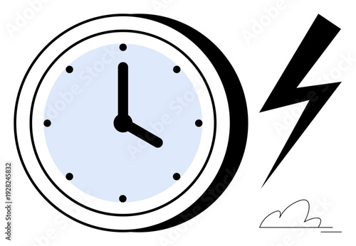 Time management, urgency, energy, efficiency, weather speed. A wall clock with a lightning bolt and cloud. Time management and urgency concept. Line metaphor. Simple line icons