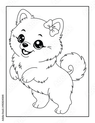 Cute Pomeranian Puppy Coloring Page for Kids, Hand Drawn Vector Illustration
