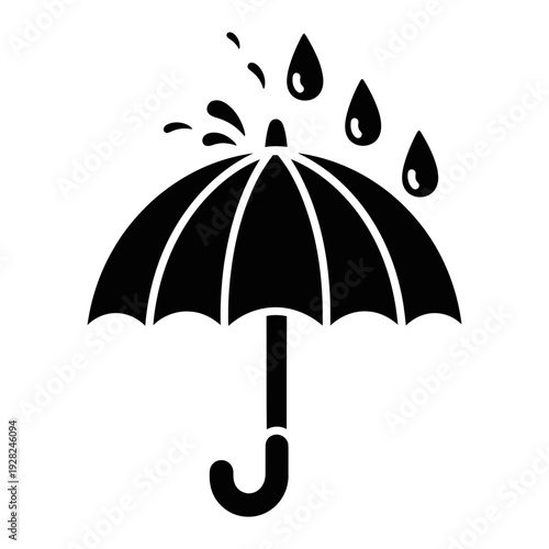 Black umbrella icon with raindrops splashing for weather protection concept