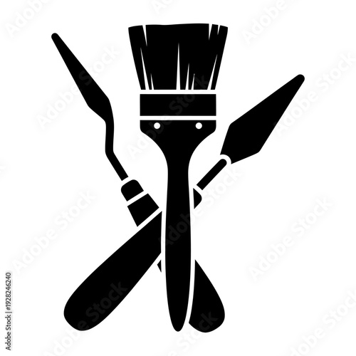 Paintbrush and palette knives crossed silhouette icon for art and painting