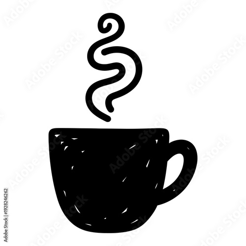 Hand drawn doodle of a hot coffee cup with steam black silhouette icon