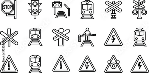 Railway Icons Set: A comprehensive collection of railway icons, clearly depicting various signals and symbols to enhance your design projects, from transportation concepts to educational resources.