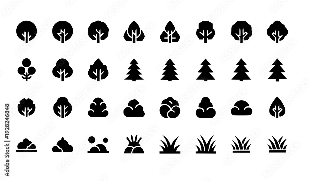 Obraz premium Minimal tree symbol icons botanical landscape vector collection