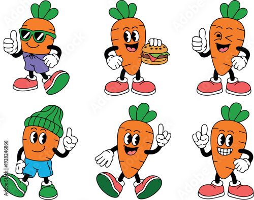 Delighted carrot cartoon character with a wide toothy grin pointing upwards enthusiastically