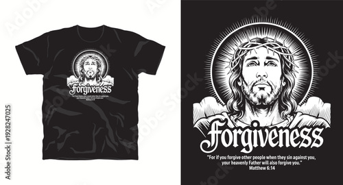 Religious forgiveness bible verse t-shirt design with portrait of jesus christ wearing crown of thorns