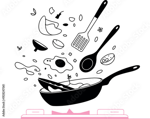 Dynamic cooking illustration featuring a sizzling frying pan with flying ingredients and kitchen utensils