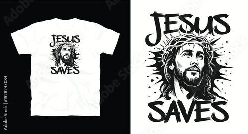 Jesus saves religious t-shirt design concept with portrait and brush stroke text