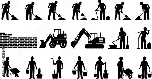 Construction workers silhouettes set with tools, machinery, and building activities isolated on white background for construction industry, labor work, and engineering illustration design