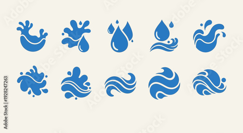 Water splash vector icons set. Blue liquid drops