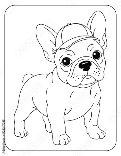 Cute French Bulldog Puppy Wearing a Cap, Adorable Dog Character Line Art for Kids
