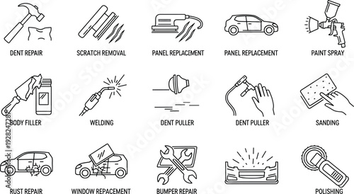 Professional Line Icon Set for Auto Body Repair Featuring Dent Removal Scratch Repair Welding Paint Spraying and Bumper Restoration