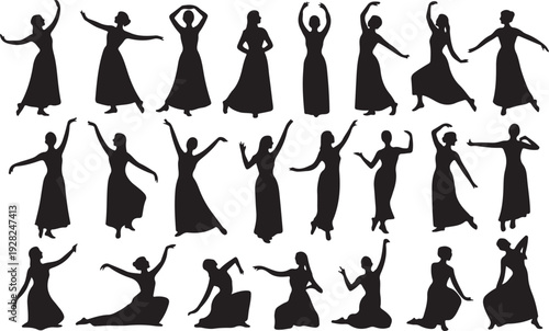 Graceful silhouettes of women performing elegant dances in various dynamic poses