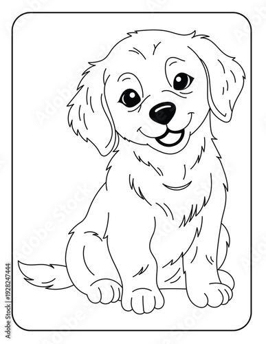 Cute Golden Retriever Puppy Coloring Page, Adorable Sitting Dog Character Line Art for Kids