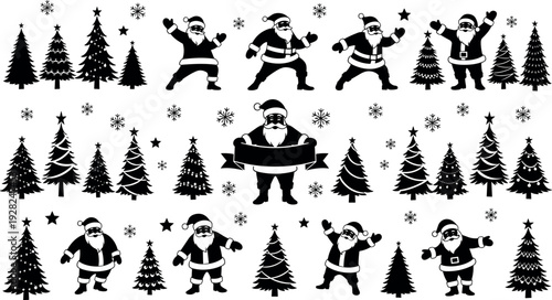 Festive black and white Christmas illustration featuring Santa Claus, decorated trees, snowflakes, and stars, perfect for holiday greeting cards, posters, and seasonal designs.