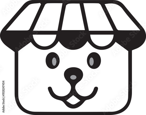 A black and white cartoon illustration of a shopfront with a dog face