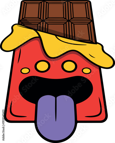 Hungry chocolate bar cartoon monster with a purple tongue sticking out