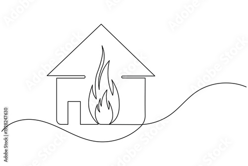 Single line drawing of a house with a fire flame symbol inside