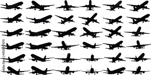 Airplane silhouettes collection, commercial passenger aircraft in flight, takeoff and landing views, aviation transportation set isolated on white background, jet airliner black vector