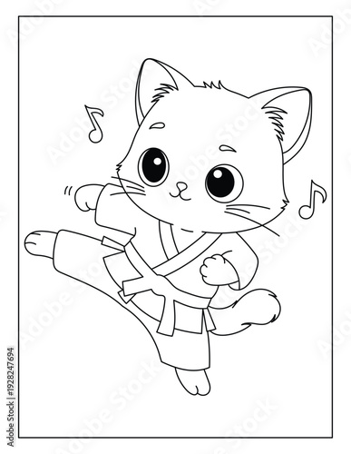 Cute Ninja Cat Kicking, Adorable Karate Kitten Martial Arts Coloring Page for Kids