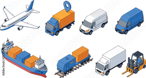 Isometric set of logistics transport vehicles including airplane, cargo ship, trucks, train, and forklift isolated on white background for shipping and delivery illustration
