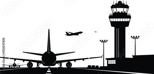 Airport runway scene with airplane silhouettes, air traffic control tower and passenger jet landing, aviation transportation concept isolated on white background vector illustration