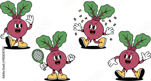 Set of four fun cartoon beetroot vegetable characters with expressive poses