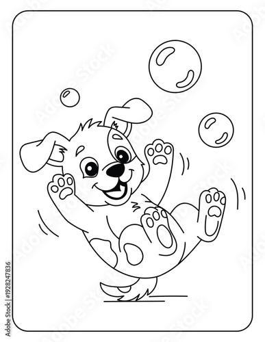 Cute Puppy Playing with Bubbles Coloring Page, Adorable Dog Character Line Art for Kids