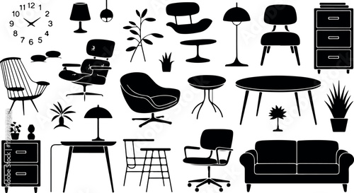 Stylish black silhouettes of classic mid century modern home furniture and decor