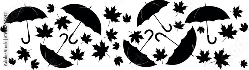 Seamless black silhouette pattern of umbrellas and maple leaves, symbolizing autumn rain and seasonal change, ideal for textile prints, wallpapers, and decorative designs.