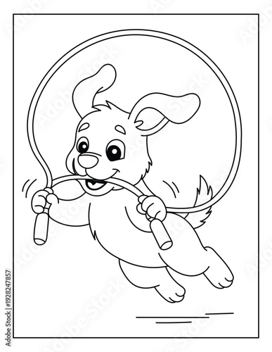 Cute Puppy Skipping Rope Coloring Page, Adorable Dog Playing with Jump Rope Line Art for Kids