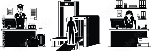 Airport security checkpoint and passport control silhouettes, metal detector screening and customs officer desk, aviation travel safety concept vector illustration