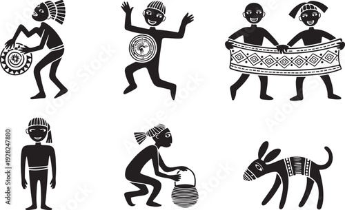 Traditional African Tribal Silhouettes Depicting People and a Donkey in Cultural Scenes