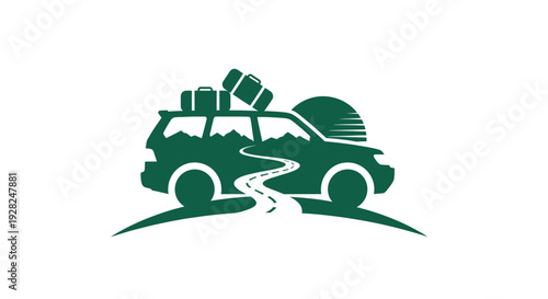 A green car with luggage on top driving on a road