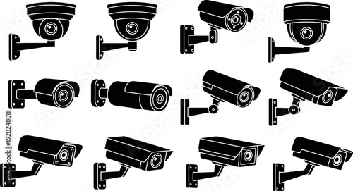Set of CCTV security camera icons in different angles and styles isolated on white background for surveillance, safety, monitoring, and protection concept illustration