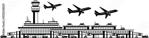 Airport terminal panorama with control tower, airplanes flying and boarding bridges, aviation transportation infrastructure isolated on white background vector illustration