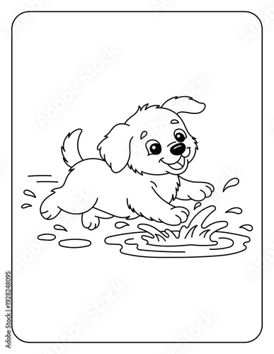 Cute Puppy Jumping in Water Puddle Coloring Page, Adorable Dog Splashing Water Line Art for Kids