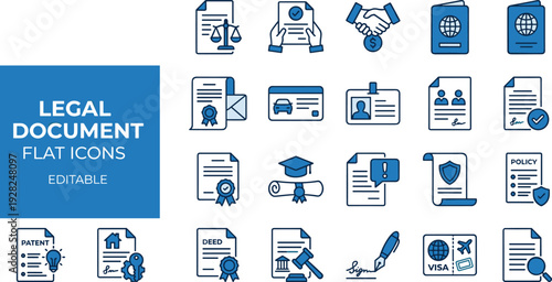 WebLegal Document Flat Icon Set featuring Law, Justice, Contracts, Patents, Deeds, Passports, Visas, Certificates, Insurance Policies, and Official Paperwork Vectors,