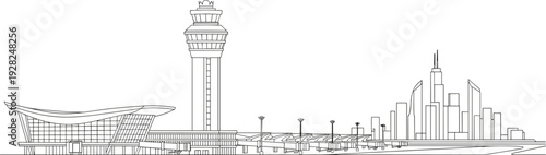 Modern airport terminal and air traffic control tower skyline, city buildings background, aviation infrastructure line art illustration isolated on white background vector