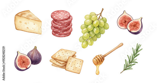 Watercolor charcuterie picnic elements .