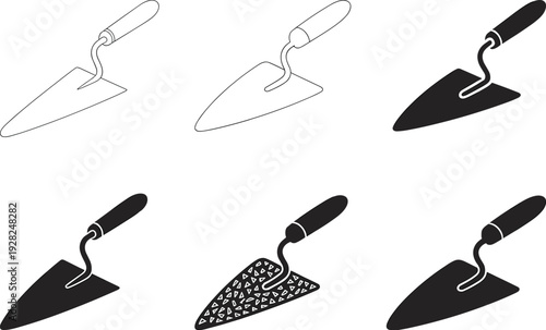 WebMasonry Trowel Icon Set with Vector Outline, Solid Silhouettes, and Textured Illustrations for Construction, Building, Bricklaying, and Professional Hand Tool Design