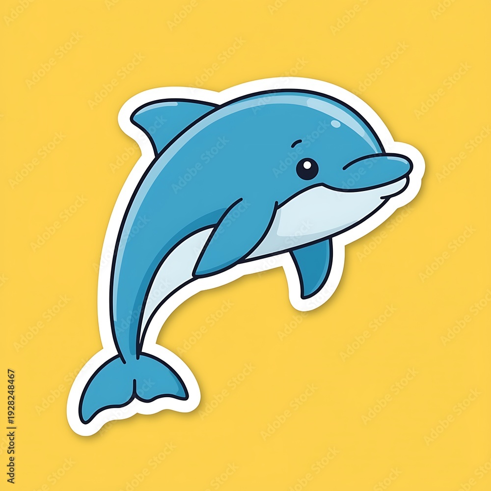 Fototapeta premium A cheerful cartoon dolphin playfully leaps from the water isolated on yellow