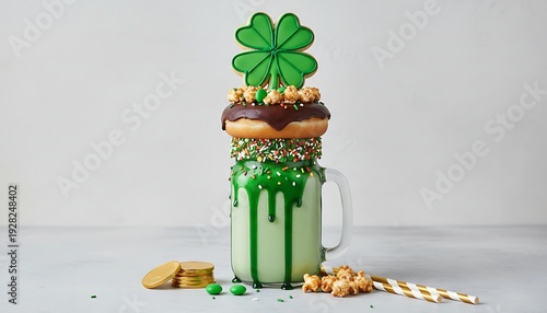 Decadent St. Patrick's Day Freakshake with Donut, Sprinkles, Popcorn, and Gold Coins