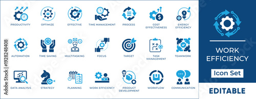 Business operation and work efficiency icon set. Cost optimization, energy efficiency, workflow automation and multitasking vector symbols.