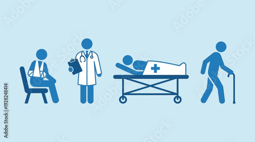 Collection of medical icons representing patient care, injury, and healthcare professionals assisting individuals