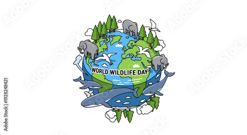 Isometric vector illustration of World Wildlife Day concept featuring a globe surrounded by trees, animals, and a river, promoting eco-friendly conservation and ecology