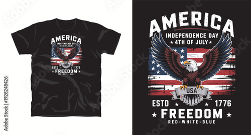 Eagle and american flag independence day fourth of july t-shirt design for patriotic celebration with vintage freedom typography